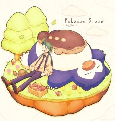  1girl absurdres androgynous black_necktie black_pants brown_shoes clodsire closed_eyes clouds collared_shirt dated floating_island flower from_above full_body green_hair hands_in_pockets highres long_hair low_ponytail lying necktie on_back on_grass open_mouth paldean_wooper pants pink_flower pokemon pokemon_(creature) pokemon_sleep pokemon_sv ponytail reverse_trap rika_(pokemon) shirt sitting sleeping snorlax suspenders swept_bangs tree yellow_shirt yosame_sior 