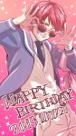  1boy 2015 ;) bandanna dated fang gradient gradient_background grin happy_birthday idol looking_at_viewer maiyama_shun male_focus one_eye_closed pink_background pink_eyes pink_hair school_uniform serisawa shounen_hollywood smile sparkle sunglasses 