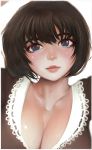  1girl absurdres bangs blue_eyes breasts brown_hair cleavage closed_mouth eyelashes highres large_breasts lips nose original randy_(awesomevillage) short_hair solo upper_body 