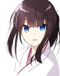  1girl aa_(sin2324) bangs black_hair blue_eyes blurry close-up depth_of_field eyebrows_visible_through_hair hakama-chan_(aa) long_hair looking_at_viewer original parted_lips portrait sidelocks simple_background smile solo upper_body white_background 