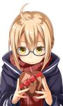  1girl 3: ahoge bangs black-framed_eyewear blonde_hair box box_of_chocolates braid brown_scarf closed_mouth eyebrows_visible_through_hair fate/grand_order fate_(series) glasses hair_between_eyes hands_up heroine_x heroine_x_(alter) holding holding_box looking_at_viewer plaid plaid_scarf red_ribbon ribbon saber scarf semi-rimless_glasses sidelocks simple_background solo under-rim_glasses upper_body wapokichi white_background 