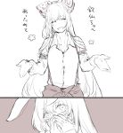  2girls animal_ears arm_belt asakura_noi ask_rnocco blush bow closed_eyes covering_mouth flower fujiwara_no_mokou hair_bow long_hair long_sleeves monochrome multiple_girls no_nose open_mouth rabbit_ears reisen_udongein_inaba sketch smile suspenders touhou translation_request very_long_hair yuri 