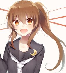  1girl :d bangs beige_background black_serafuku blush breasts brown_eyes brown_hair close-up collarbone eyebrows_visible_through_hair fumizuki_(kantai_collection) hair_between_eyes highres kantai_collection long_hair looking_at_viewer medium_breasts open_mouth ponytail school_uniform serafuku side_ponytail smile solo sudale upper_body 