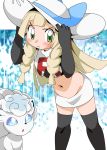  1girl absurdres alola_form alolan_vulpix black_gloves blonde_hair blush braid cosplay elbow_gloves gloves green_eyes hainchu hands_on_headwear hat highres lillie_(pokemon) long_hair midriff musashi_(pokemon) musashi_(pokemon)_(cosplay) navel pokemon pokemon_(anime) pokemon_(creature) pokemon_sm_(anime) skirt sun_hat team_rocket thigh-highs twin_braids white_hat white_skirt 