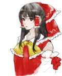  1girl asakura_noi ascot bare_shoulders black_hair bow detached_sleeves hair_bow hair_tubes hakurei_reimu long_hair looking_at_viewer nontraditional_miko open_mouth sketch solo touhou upper_body violet_eyes white_background 