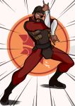  1boy bandolier beanie beard bomb_suit boots crossover dark_skin explosive eyepatch facial_hair frank_araya grenade hat jojo_no_kimyou_na_bouken jojo_pose killer_queen mustache pose team_fortress_2 the_demoman vest 