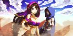  1boy 1girl abs artist_name black_hair blue_sky braid breasts character_request cleavage cloak clouds dated desert groin haren jewelry large_breasts lips long_hair midriff navel sarabande signature single_braid sky sound_horizon toned very_long_hair vest violet_eyes 