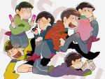  6+boys :3 :d bowl_cut brothers cat copyright_name damenaito glowstick heart heart_in_mouth hood hoodie kneeling legs_up looking_at_viewer looking_to_the_side lying male_focus matsuno_choromatsu matsuno_ichimatsu matsuno_juushimatsu matsuno_karamatsu matsuno_osomatsu matsuno_todomatsu messy_hair multiple_boys on_stomach open_mouth osomatsu-san pants sextuplets shorts siblings smile sunglasses v 