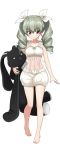  1girl absurdres anchovy barefoot bloomers drill_hair feet full_body girls_und_panzer green_hair highres holding long_hair looking_at_viewer navel official_art simple_background smile solo stuffed_animal stuffed_bunny stuffed_toy toes twintails underwear underwear_only white_background 