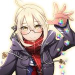  1girl 2017 :&gt; absurdres ahoge alcoholrang arm_at_side bangs black-framed_eyewear black_jacket blonde_hair blush brown_eyes closed_mouth commentary_request dated drawstring dropping eyebrows_visible_through_hair fate/grand_order fate_(series) fingernails glasses hair_between_eyes hair_ribbon heroine_x heroine_x_(alter) highres jacket long_sleeves looking_at_viewer motion_blur neckerchief open_clothes open_hand open_jacket outstretched_arm palms plaid plaid_scarf red_neckerchief red_scarf ribbon saber saint_quartz scarf school_uniform semi-rimless_glasses serafuku short_hair simple_background smile solo stellated_octahedron under-rim_glasses upper_body white_background yellow_eyes 