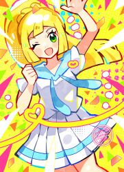  1girl ;d anidler91 arm_up blonde_hair eyelashes green_eyes highres lillie_(pokemon) long_hair looking_at_viewer one_eye_closed open_mouth pleated_skirt pokemon pokemon_sm ponytail shirt short_sleeves skirt smile solo white_shirt white_skirt yellow_background 