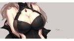  1girl absurdres bare_shoulders breasts brown_hair character_name cleavage cleavage_cutout girls_frontline highres jacket large_breasts long_hair m1887_(girls_frontline) 柚井 