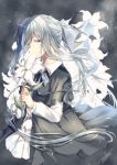  1girl 2017 artist_name black_background black_dress blue_ribbon collared_shirt commentary_request dated dress flower grey_eyes grey_hair hair_ribbon highres holding holding_flower lily_(flower) long_hair looking_at_viewer neck_ribbon original petals ribbon shirt signature silver_hair solo very_long_hair white_shirt yuihira_asu 