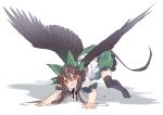  1girl :d all_fours black_legwear black_shoes black_wings bow brown_hair check_commentary commentary_request feathered_wings frilled_skirt frilled_sleeves frills full_body green_bow green_skirt griffin hair_between_eyes hair_bow highres looking_at_viewer mary_janes miniskirt open_mouth puffy_short_sleeves puffy_sleeves red_eyes reiuji_utsuho shadow shirt shoes short_sleeves shoulder_cutout sidelocks skirt smile solo tail thigh-highs top-down_bottom-up touhou toutenkou white_background white_shirt wings zettai_ryouiki 