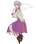  1girl asakura_noi boots breasts dress grey_hair hand_to_own_mouth jacket kishin_sagume looking_at_viewer neck_ribbon open_mouth red_eyes ribbon short_hair single_wing sketch solo touhou white_background wings 