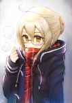  1girl ahoge blonde_hair blush covering_mouth fate/grand_order fate_(series) glasses heroine_x heroine_x_(alter) highres long_hair looking_at_viewer nayuhi_(yukimuu14) plaid plaid_scarf red_scarf saber scarf sketch solo yellow_eyes 