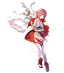  1girl blush capelet elbow_gloves eyebrows_visible_through_hair fire_emblem fire_emblem_heroes fire_emblem_if fuji_choko full_body gloves hairband highres holding japanese_clothes official_art pink_eyes pink_hair red_eyes sakura_(fire_emblem_if) sandals solo staff tears thigh-highs torn_clothes transparent_background white_legwear 