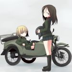  bangs black_boots black_skirt blonde_hair blue_eyes boots closed_mouth full_body girls_und_panzer green_jacket grey_background ground_vehicle helmet holding jacket kakizaki_(chou_neji) katyusha light_smile long_hair looking_at_viewer looking_back military military_uniform miniskirt motor_vehicle motorcycle nonna pleated_skirt red_shirt shirt short_hair short_jumpsuit sidecar sitting skirt standing swept_bangs turtleneck uniform vest 