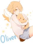 1boy bandage_over_one_eye bird blonde_hair character_name chicken commentary detached_wings highres holding holding_stuffed_animal long_sleeves looking_at_viewer oliver_(vocaloid) open_mouth oyamade_(pi0v0jg) shirt short solo stuffed_animal stuffed_toy vocaloid wings yellow_eyes 