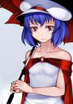  1girl aoshima bare_shoulders blue_hair breasts brooch cape collarbone dress hat holding holding_umbrella jewelry lips looking_at_viewer no_wings off-shoulder_dress off_shoulder red_eyes remilia_scarlet short_hair small_breasts touhou umbrella upper_body vampire white_dress white_hat 