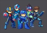  5boys :d aiming_at_viewer alternate_eye_color android arm_cannon bodysuit brown_hair capcom clenched_hand frown full_body glowing glowing_weapon green_eyes grey_background helmet looking_at_viewer looking_back male_focus multiple_boys multiple_persona nintendo open_mouth outstretched_arm pose rock_volnutt rockman rockman_(character) rockman_(classic) rockman_dash rockman_exe rockman_exe_(character) rockman_x round_teeth ryuusei_no_rockman serious shiny short_hair simple_background smile standing super_smash_bros. teeth visor weapon wusagi2 x_(rockman) yellow_eyes 