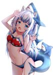  1girl absurdres animal_ears bangs bikini bloop_(gawr_gura) blue_bikini blue_eyes blue_hair breasts cat_ears collarbone cowboy_shot eyebrows_visible_through_hair fish_tail gawr_gura groin highres hololive hololive_english juiceneko long_hair looking_at_viewer multicolored_hair navel open_mouth shark_tail simple_background small_breasts standing stuffed_animal stuffed_shark stuffed_toy swimsuit tail thighs two-tone_hair virtual_youtuber white_background white_hair 