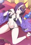  1girl apple artist_name bare_shoulders bob_cut breasts fate/grand_order fate_(series) food fruit grapes highres looking_at_viewer navel oni oni_horns ookami_maito pale_skin purple_hair short_hair shuten_douji_(fate/grand_order) sitting small_breasts solo violet_eyes 