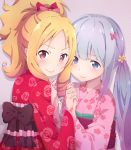  &gt;:) 2girls absurdres blonde_hair blue_hair bow brown_eyes drill_hair eromanga_sensei eyebrows_visible_through_hair floral_print green_eyes hair_bow hand_holding highres izumi_sagiri japanese_clothes kimono kukie-nyan long_hair looking_at_viewer low_twintails multiple_girls pink_bow pink_kimono pointy_ears red_bow red_kimono silver_hair smile twin_drills twintails upper_body yamada_elf 