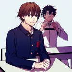  2boys black_hair brown_hair desk expressionless fate/extra fate/grand_order fate_(series) fujimaru_ritsuka_(male) gakuran kishinami_hakuno_(male) male_focus multiple_boys sasamura_(_pios) school_uniform short_hair sitting uniform 