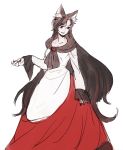  1girl animal_ears asakura_noi brooch brown_hair cowboy_shot dress fingernails imaizumi_kagerou jewelry long_hair looking_to_the_side red_eyes sharp_fingernails sketch smile solo tail touhou white_background wolf_ears wolf_tail 