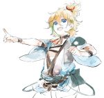  1boy asakura_noi ask_rnocco blonde_hair blue_eye blue_eyes clenched_hand hair_ribbon japanese_clothes male_focus open_clothes open_mouth pointing red_ribbon ribbon short_hair sketch topknot touken_ranbu upper_body urashima_kotetsu 