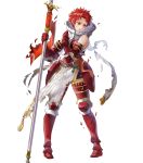  1girl armor armored_boots bare_shoulders boots broken_armor fire_emblem fire_emblem:_kakusei fire_emblem_heroes full_body gauntlets highres holding holding_weapon lance mayo_(becky2006) official_art pelvic_curtain polearm red_eyes redhead short_hair soiree solo standing transparent_background weapon 