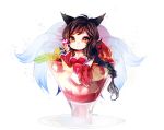  1girl :3 ahri animal_ears bare_shoulders black_hair breasts brown_eyes chibi cleavage detached_sleeves facial_mark fox_ears fox_tail glasses heart ice korean_clothes league_of_legends long_hair looking_at_viewer multiple_tails slit_pupils smile solo tail whisker_markings 