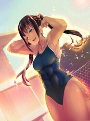  1girl abs armpits arms_up ass bangs black_hair blue_eyes blue_swimsuit blurry blush bonkiru breasts collarbone covered_navel depth_of_field dutch_angle eyebrows_visible_through_hair glowing hand_in_hair highres large_breasts light_particles long_hair one_eye_closed open_mouth original outdoors pool school_swimsuit sidelocks smile solo sunset swimsuit teeth thighs toned twintails wading 