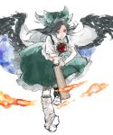  1girl arm_cannon asakura_noi ask_rnocco asymmetrical_legwear bird_wings black_hair black_wings boots bow cape feathered_wings fire green_bow green_skirt hair_bow long_hair long_skirt looking_at_viewer reiuji_utsuho sketch skirt smile solo touhou weapon white_boots wings 