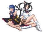  2girls animal_ears arm_support bare_shoulders barefoot black_hair blouse blue_hair blush bow bowtie braid breasts cat_ears cat_tail cleavage cosplay costume_switch covering covering_breasts crossover embarrassed erect_nipples feet hair_ornament hair_rings hairclip high_school_dxd highres japanese_clothes kimono kuroka_(high_school_dxd) kuroka_(high_school_dxd)_(cosplay) large_breasts long_hair multiple_girls multiple_tails off_shoulder open_mouth panties round_teeth ruby3ye5 school_uniform seiyuu_connection shirt shokugeki_no_souma sitting skirt slit_pupils socks tadokoro_megumi tadokoro_megumi_(cosplay) tail takahashi_minami_(seiyuu) teeth twin_braids underwear white_blouse white_legwear white_panties yellow_eyes 