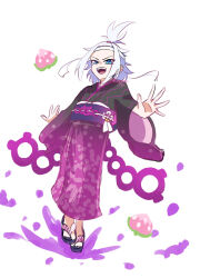  1girl absurdres alternate_costume berry_(pokemon) black_kimono blue_eyes eyelashes freckles full_body gradient_clothes gradient_kimono headband highres japanese_clothes kimono obi open_mouth pecha_berry pokemon pokemon_bw2 purple_kimono purple_sandals purple_sash roxie_(pokemon) runa_(luna_naut) sash short_hair simple_background smile solo teeth topknot two-tone_kimono upper_teeth_only v-shaped_eyebrows white_background white_hair white_headband 