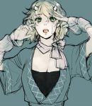  1girl arm_warmers asakura_noi breasts cleavage crying green_eyes looking_up mizuhashi_parsee oni_horns open_mouth robe scarf short_hair sketch solo touhou upper_body 
