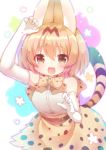  1girl :d animal_ears arare_mochiko arm_up bare_shoulders blonde_hair blush bow bowtie brown_eyes cat_ears cat_tail elbow_gloves eyebrows_visible_through_hair fang gloves high-waist_skirt kemono_friends looking_at_viewer open_mouth print_bow print_gloves print_skirt serval_(kemono_friends) short_hair skirt sleeveless smile solo tail white_gloves 