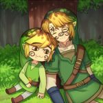  2boys :3 against_tree blonde_hair closed_eyes drooling dual_persona forest grass link lowres male_focus markings multiple_boys musical_note nature nintedo pointy_ears saliva shadow sitting sleeping the_legend_of_zelda the_legend_of_zelda:_skyward_sword the_legend_of_zelda:_the_wind_waker toon_link tree tree_shade tunic wusagi2 