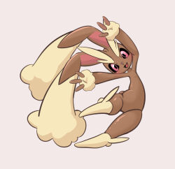  1girl :3 animal_ears animal_nose arms_up black_sclera blush body_fur brown_fur colored_sclera commentary flat_chest full_body furry furry_female grey_background happy head_tilt jumping leg_up lopunny no_feet open_mouth outstretched_arm pink_eyes pointy_ears pokemon pokemon_(creature) rabbit_ears rabbit_girl rabbit_tail short_tail simple_background smile solo spread_fingers tail two-tone_fur yakimono_(yaki_mono014) yellow_fur 
