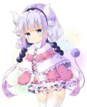  1girl bangs beads black_bow black_hairband blue_eyes blunt_bangs bow capelet dragon_girl dragon_horns dragon_tail dress hair_beads hair_bow hair_ornament hairband highres horns kanna_kamui kobayashi-san_chi_no_maidragon lavender_hair long_hair looking_at_viewer multicolored multicolored_background multicolored_hair solo standing tail thigh-highs twintails white_legwear yuma_(mron_322) zettai_ryouiki 