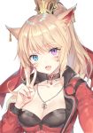  1girl :3 :d animal_ears bangs blonde_hair blue_eyes blush breasts cat_ears choker cleavage collarbone crown earrings eyebrows_visible_through_hair fang final_fantasy final_fantasy_xiv heterochromia jewelry long_hair long_sleeves looking_at_viewer medium_breasts mini_crown miqo&#039;te momoko_(momopoco) necklace open_mouth ponytail self_shot smile solo upper_body v violet_eyes whisker_markings 