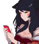  1girl ahri animal_ears animated animated_gif bare_shoulders black_hair breasts cellphone cleavage detached_sleeves facial_mark fox_ears korean_clothes large_breasts league_of_legends lips long_hair lynasheet phone simple_background slit_pupils solo whisker_markings white_background yellow_eyes 