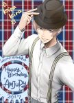  1boy 2017 absurdres adjusting_clothes adjusting_hat blue_eyes chienu dress_shirt happy_birthday hat highres lips long_sleeves male_focus saeki_kira shirt shounen_hollywood signature solo suspenders upper_body watermark 