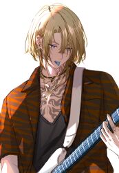  1boy alternate_costume black_shirt blonde_hair blue_eyes chest_tattoo collarbone collared_shirt finger_tattoo guitar hair_between_eyes highres holding holding_instrument instrument jewelry luca_kaneshiro male_focus medium_hair mouth_hold music necklace nijisanji nijisanji_en open_clothes open_shirt playing_guitar playing_instrument plectrum plectrum_in_mouth red_shirt reverie0304 shirt short_sleeves simple_background solo tattoo upper_body v-neck virtual_youtuber white_background 