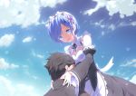  1boy 1girl black_hair blue_eyes blue_hair blue_sky breasts clouds cloudy_sky collar crying crying_with_eyes_open detached_collar detached_sleeves frilled_collar frilled_sleeves frills hair_ornament hair_over_one_eye hair_ribbon harafha hug jacket looking_at_another maid maid_headdress medium_breasts natsuki_subaru outdoors parted_lips purple_ribbon re:zero_kara_hajimeru_isekai_seikatsu rem_(re:zero) ribbon short_hair sky smile spiky_hair tears wide_sleeves x_hair_ornament 