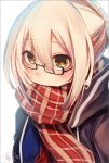  1girl bangs black-framed_eyewear blonde_hair braid checkered_scarf close-up covered_mouth dated eyebrows_visible_through_hair fate/grand_order fate_(series) glasses hair_between_eyes heroine_x heroine_x_(alter) koruta_(nekoimo) looking_at_viewer red_scarf saber scarf semi-rimless_glasses sidelocks signature simple_background solo under-rim_glasses upper_body white_background yellow_eyes 