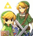  2boys black_eyes blonde_hair blue_eyes earrings hat holding holding_shield holding_sword holding_weapon jewelry link male_focus master_sword multiple_boys pointy_ears pouch serious shield sword the_legend_of_zelda the_legend_of_zelda:_skyward_sword the_legend_of_zelda:_the_wind_waker toon_link triforce tunic weapon wusagi2 