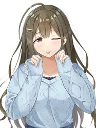  1girl ;p absurdres ahoge argyle argyle_sweater blush collarbone green_eyes green_hair highres huge_ahoge idolmaster idolmaster_shiny_colors kuwayama_chiyuki long_hair nail_polish one_eye_closed simple_background sleeves_past_wrists snowflake_necklace solo straight_hair sweater tongue tongue_out toretate_saburou upper_body very_long_hair white_background 